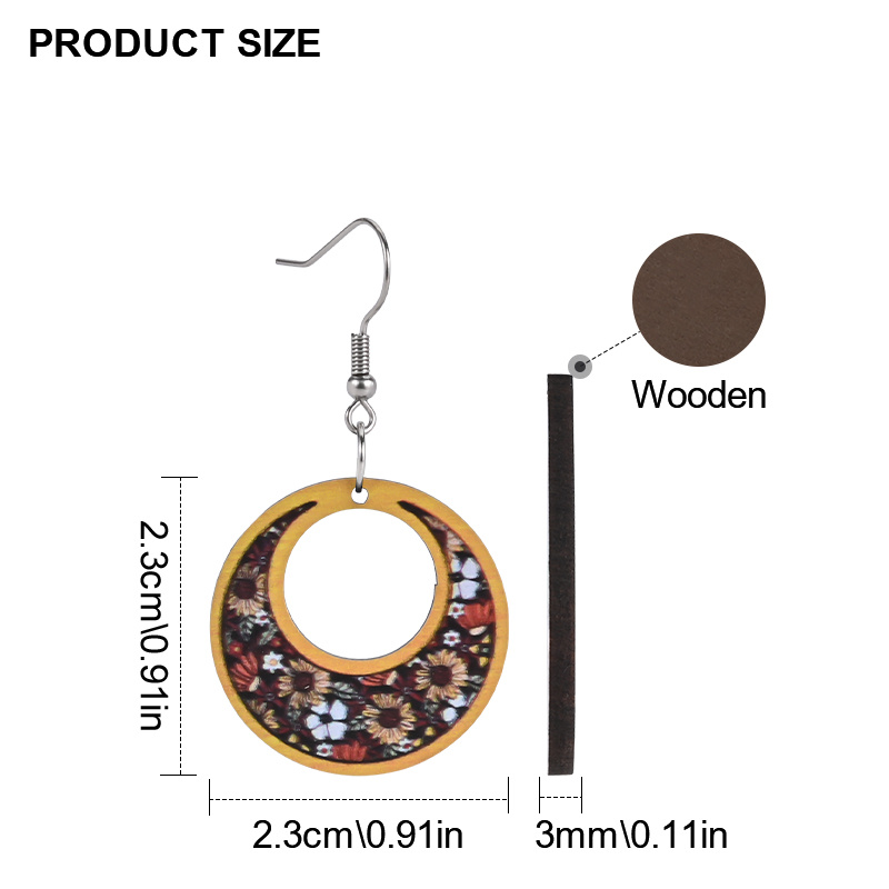Ethnic Style Wooden Crescent Sunflower Print Earrings
